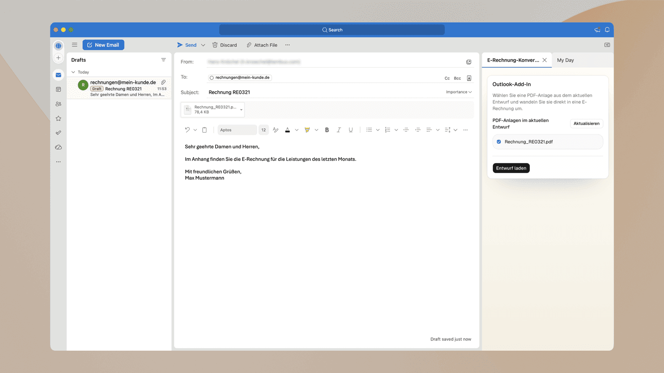 Outlook Add-In mit Auswahl der Dokumente für die E-Rechnungsumwandlung