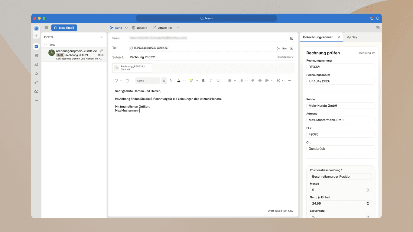 Outlook Add-In mit Formular zur Prüfung aller übernommenen Rechnungsfelder